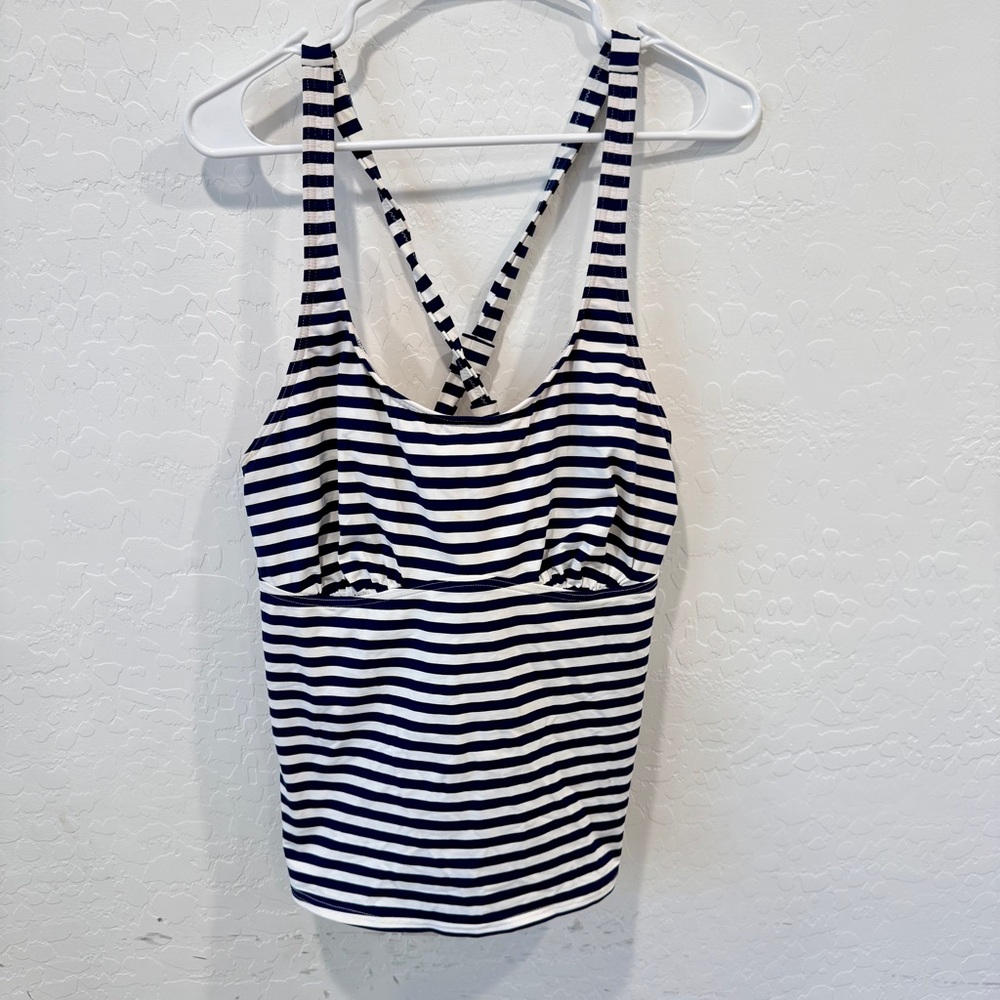Lands' End Tankini Swim Top Women 16DD Navy White Striped Modest Beach Vacation
